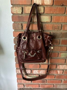 Lancel Woven Leather Bucket Shoulder Bag Purse in Dark Brown